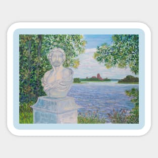 A statue in Uzhutrakis park and Trakai Castle, in Lithuania Sticker